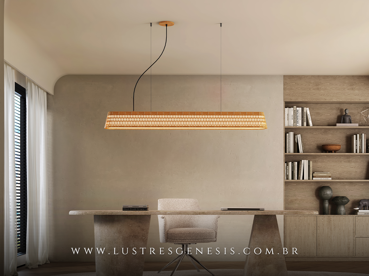 Luminária pendente linear retangular carimbó madeira natural e lacas coloridas